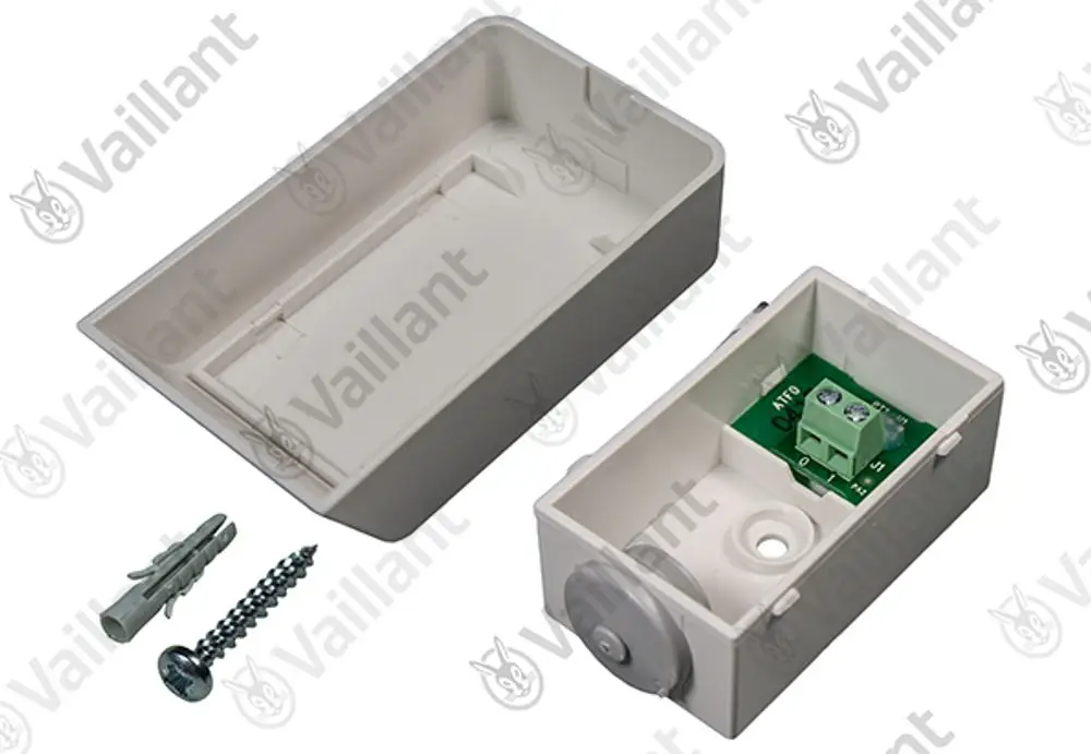 Vaillant Sensorgehäuse in zwei Teilen, mit einer grünen Platine und Anschlussklemmen, Schraube und Dübel zur Montage.